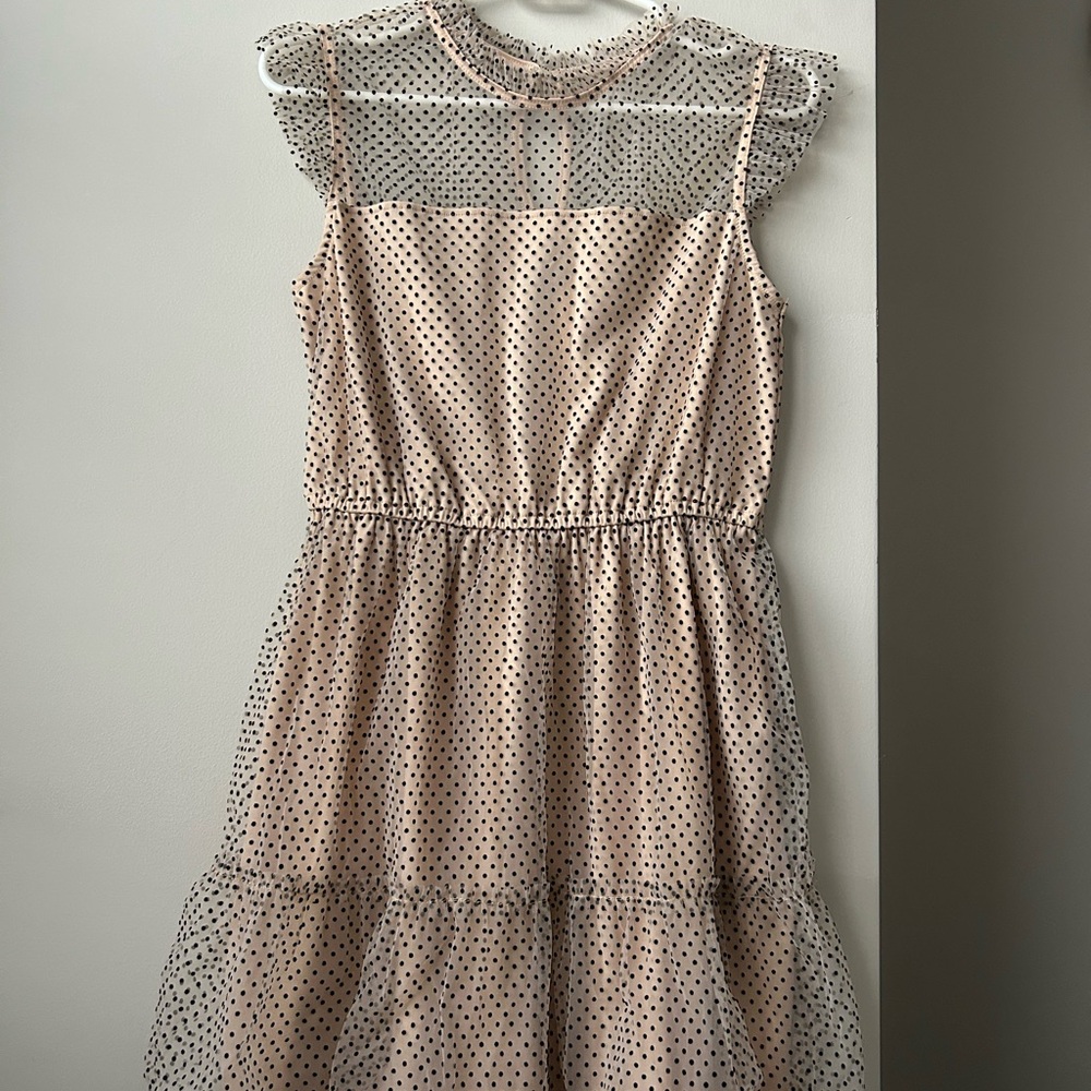 Tan & Black Polka Dot Sheer Sleeveless Ruffle Dress